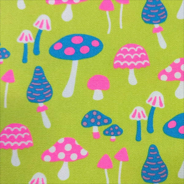 Close up of Omushi Mushrooms Oxford cotton fabric in neon pink and lime, Japanese Import, medium weight cotton for sewing and quilting