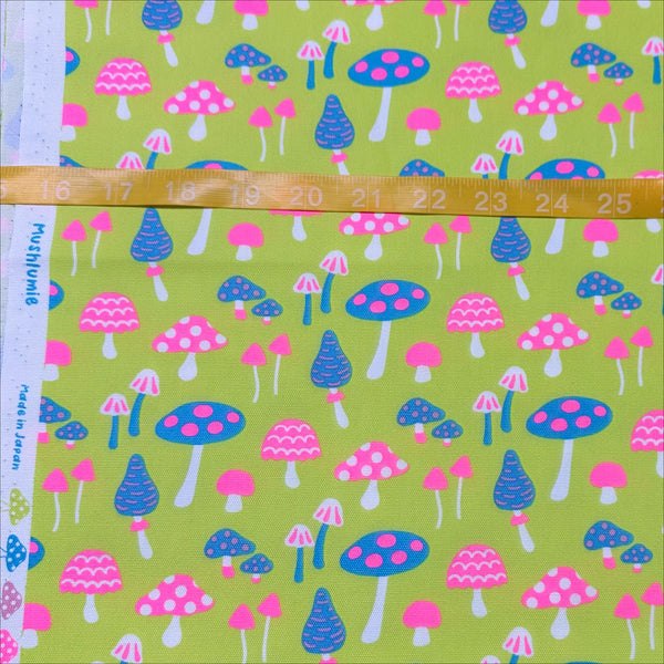 Scale of Omushi Mushrooms Oxford cotton fabric in neon pink and lime, Japanese Import, medium weight cotton for sewing and quilting