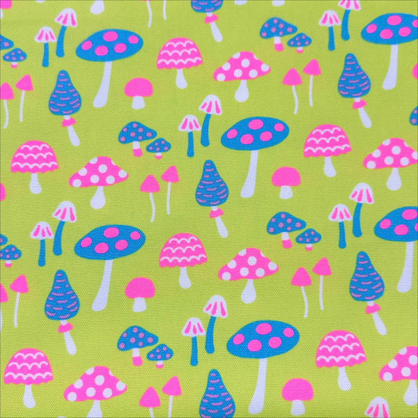 Omushi Mushrooms Oxford cotton fabric in neon pink and lime, Japanese Import, medium weight cotton for sewing and quilting