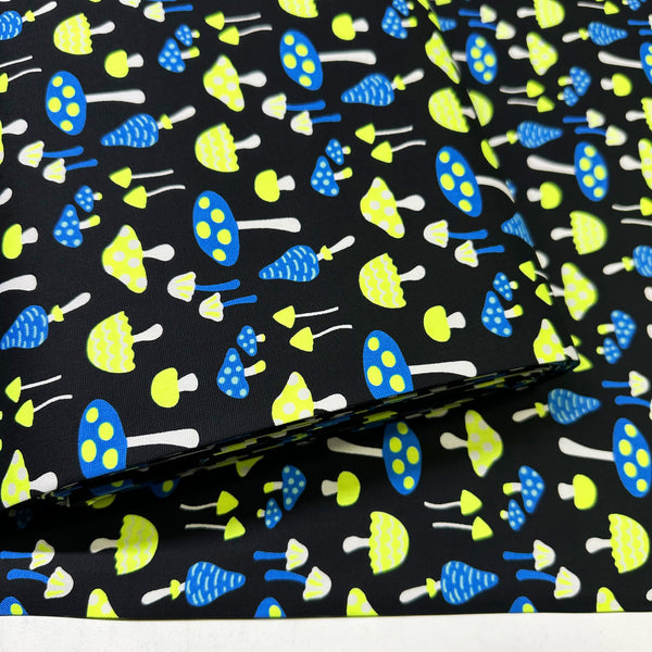 Bolt of Omushi Mushrooms Oxford cotton fabric in neon yellow and black, Japanese Import, medium weight cotton for sewing and quilting