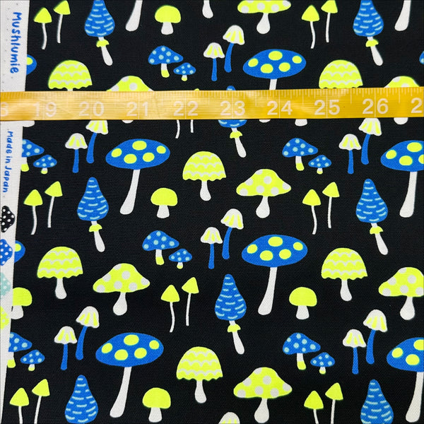 Scale of Omushi Mushrooms Oxford cotton fabric in neon yellow and black, Japanese Import, medium weight cotton for sewing and quilting