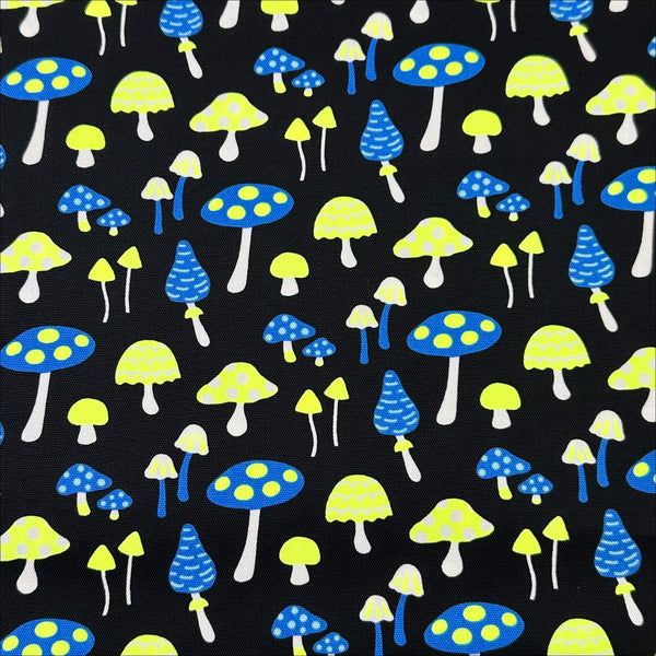 Omushi Mushrooms Oxford cotton fabric in neon yellow and black, Japanese Import, medium weight cotton for sewing and quilting
