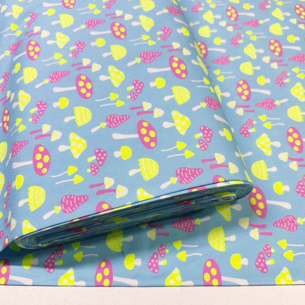Bolt of Omushi Mushrooms Oxford cotton fabric in neon yellow and light blue, Japanese Import, medium weight cotton for sewing and quilting