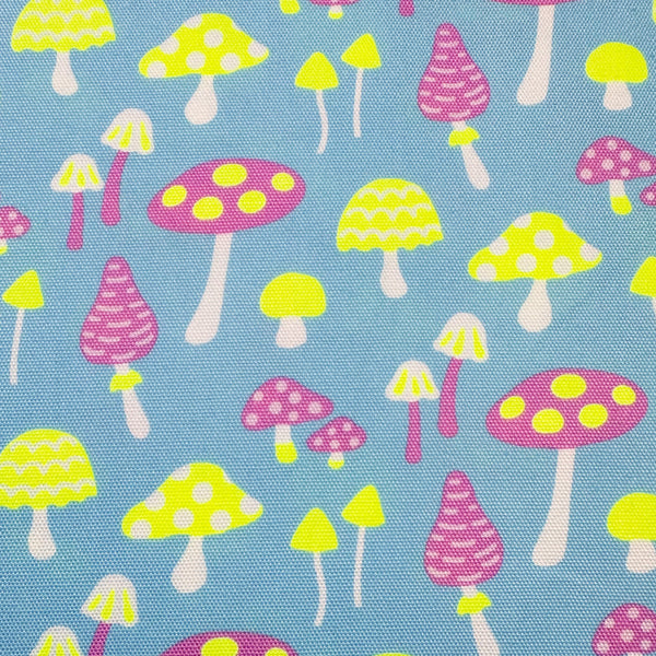 Close up of Omushi Mushrooms Oxford cotton fabric in neon yellow and light blue, Japanese Import, medium weight cotton for sewing and quilting