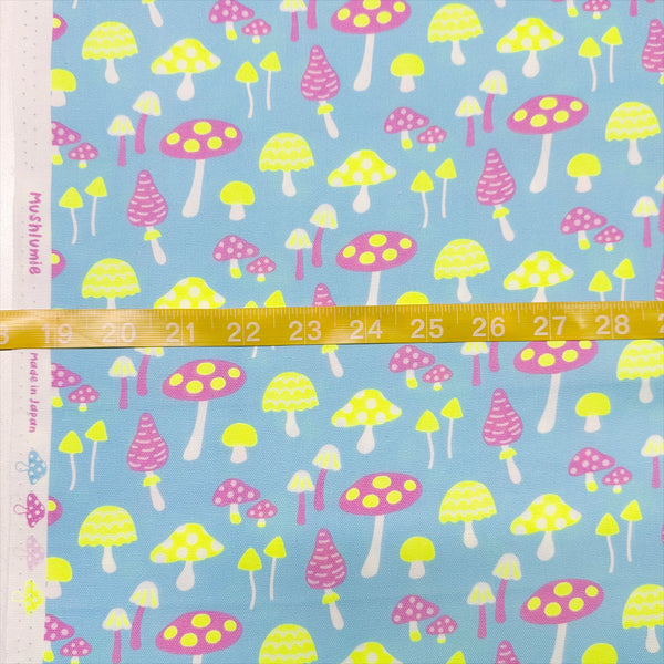 Scale of Omushi Mushrooms Oxford cotton fabric in neon yellow and light blue, Japanese Import, medium weight cotton for sewing and quilting