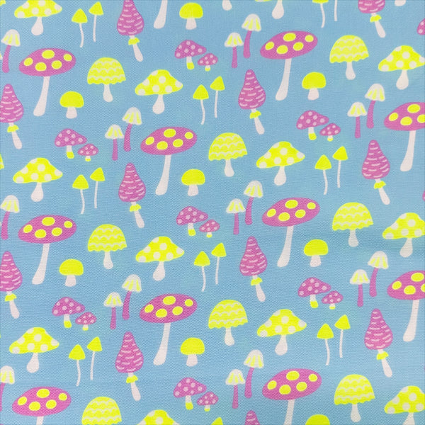 Omushi Mushrooms Oxford cotton fabric in neon yellow and light blue, Japanese Import, medium weight cotton for sewing and quilting
