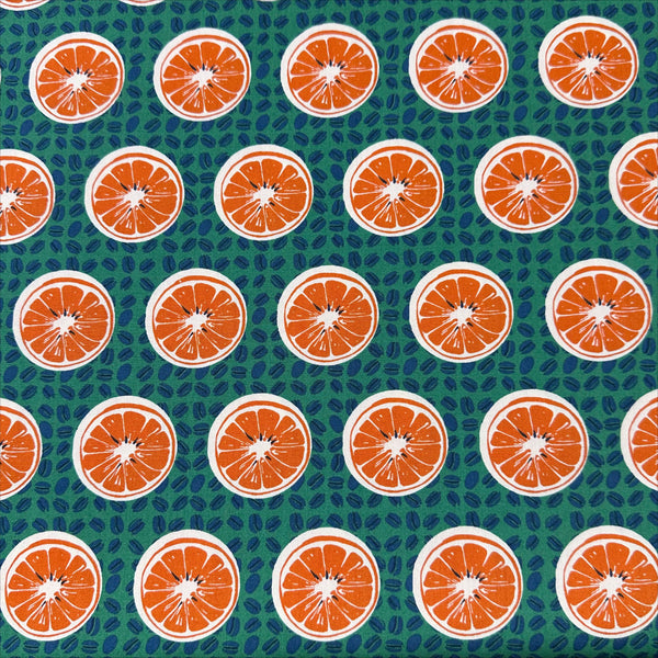 Oranges and Coffee Beans cotton broadcloth fabric in green by Sevenberry, Japanese import featuring fruit and coffee bean print
