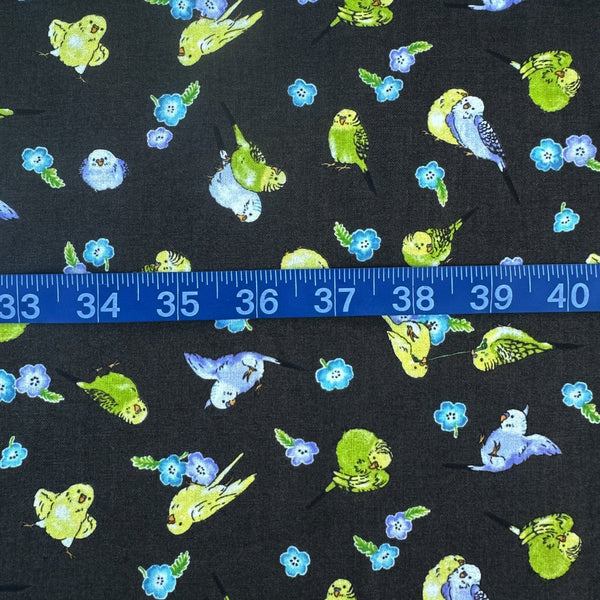 Scale of Parakeet and Flower Cotton Fabric by Cosmo Textiles, style AP61903H 1F, featuring parakeets and flowers, in deep charcoal