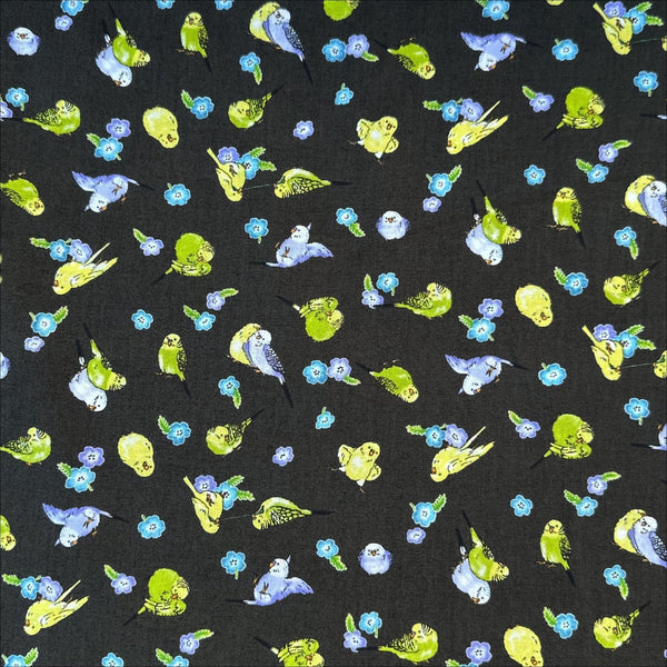 Parakeet and Flower Cotton Fabric by Cosmo Textiles, style AP61903H 1F, featuring parakeets and flowers, in deep charcoal