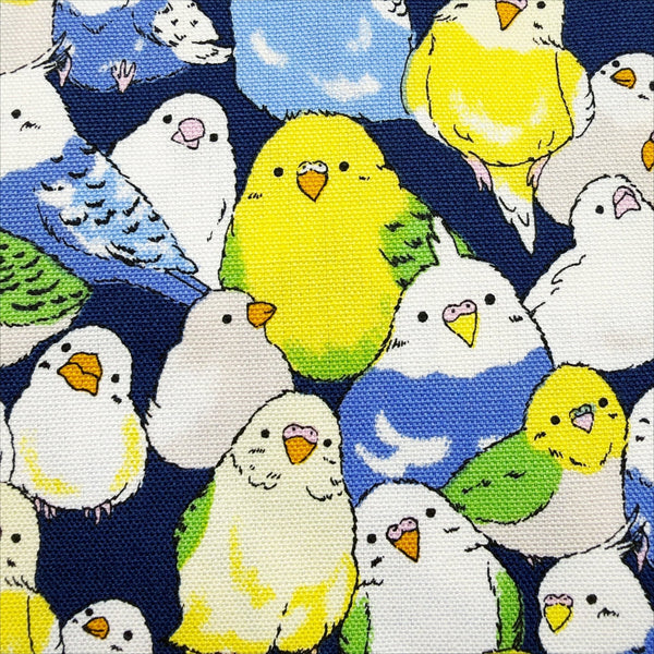 Close up of Parakeets cotton oxford fabric by Fuwari in navy