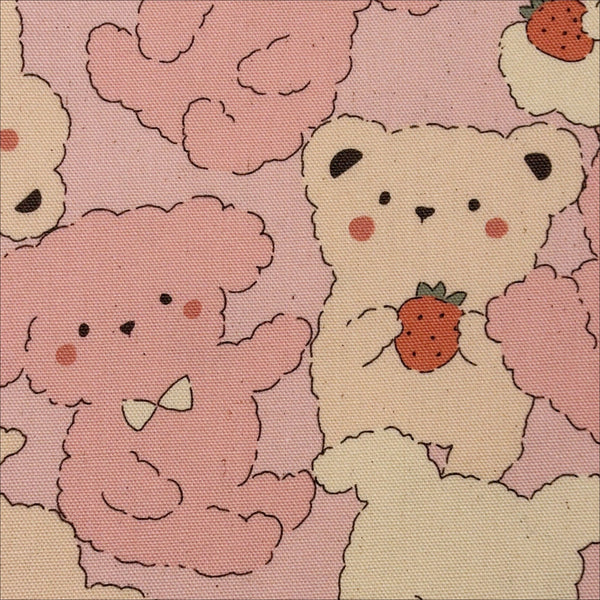 Close up of Pastel Bonbon Bears cotton oxford fabric by Kokka in pink, YKA-39030 1A