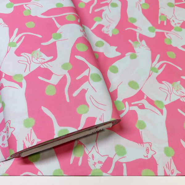 Bolt of Polka Dot Cat Cotton Fabric in Pink by Nora – quilt-weight cotton with stylized cats and scattered polka dots, imported from Japan