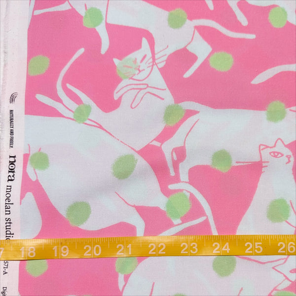 Scale of Polka Dot Cat Cotton Fabric in Pink by Nora – quilt-weight cotton with stylized cats and scattered polka dots, imported from Japan