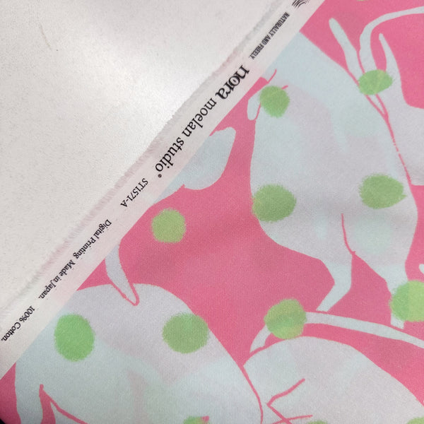 Selvage of Polka Dot Cat Cotton Fabric in Pink by Nora – quilt-weight cotton with stylized cats and scattered polka dots, imported from Japan