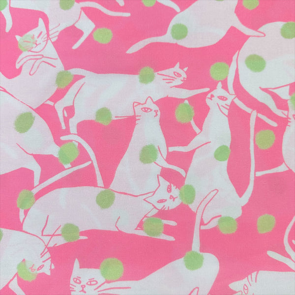 Polka Dot Cat Cotton Fabric in Pink by Nora – quilt-weight cotton with sketched cats and scattered polka dots, imported from Japan