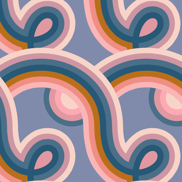 Poolside Too Daydream rayon fabric in Twilight by Ruby Star Society featuring a retro abstract loop print