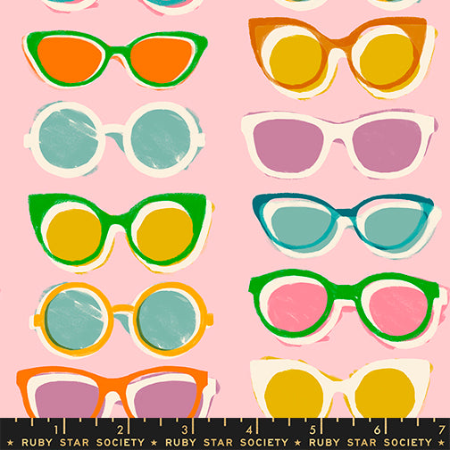 Scale of Poolside Too Shade cotton fabric in Cotton Candy by Ruby Star Society featuring a colorful retro sunglasses print