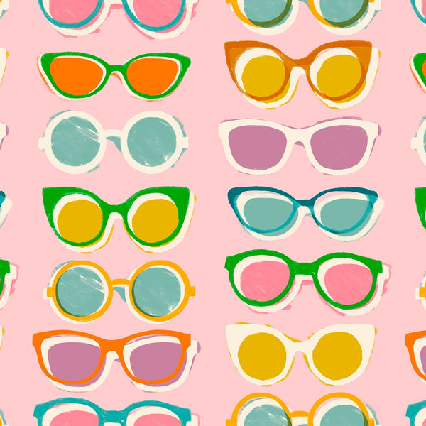 Poolside Too Shade cotton fabric in Cotton Candy by Ruby Star Society featuring a colorful retro sunglasses print