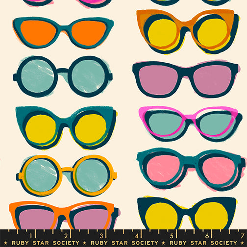 Scale of Poolside Too Shade cotton fabric in Natural by Ruby Star Society featuring a colorful retro sunglasses print