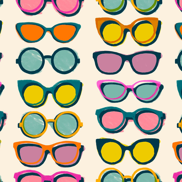 Poolside Too Shade cotton fabric in Natural by Ruby Star Society featuring a colorful retro sunglasses print