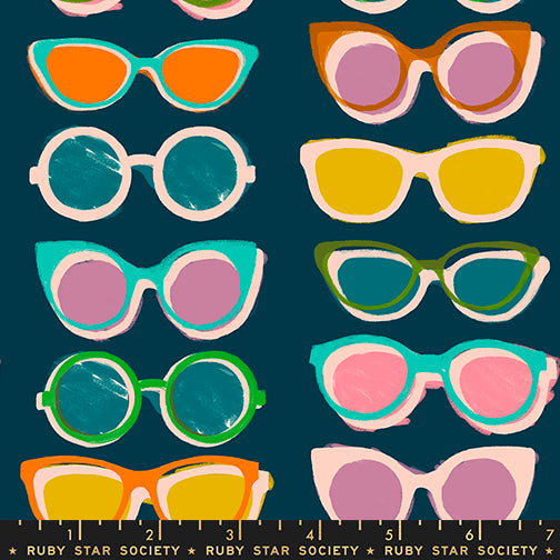 Scale of Poolside Too Shade cotton fabric in Peacock by Ruby Star Society featuring a colorful retro sunglasses print