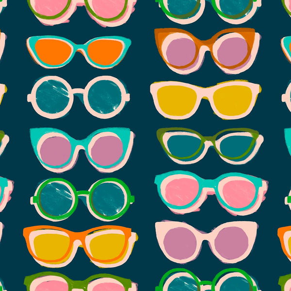 Poolside Too Shade cotton fabric in Peacock by Ruby Star Society featuring a colorful retro sunglasses print