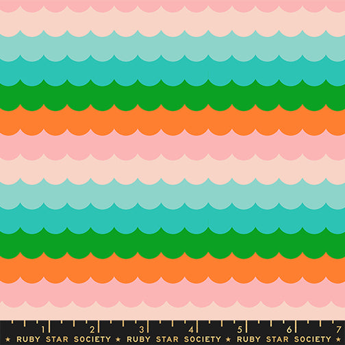 Scale of Poolside Too Umbrella Scallops cotton fabric in Verdant by Ruby Star Society featuring rows of colorful arcs inspired by retro beach umbrellas