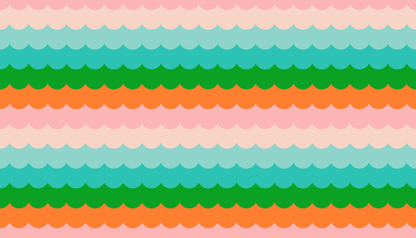 Poolside Too Umbrella Scallops cotton fabric in Verdant by Ruby Star Society featuring rows of colorful arcs inspired by retro beach umbrellas