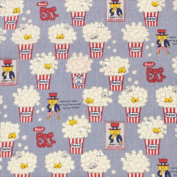 Pop Cat canvas fabric in gray cotton linen blend by Cotton Kobayashi featuring cats hiding in popcorn