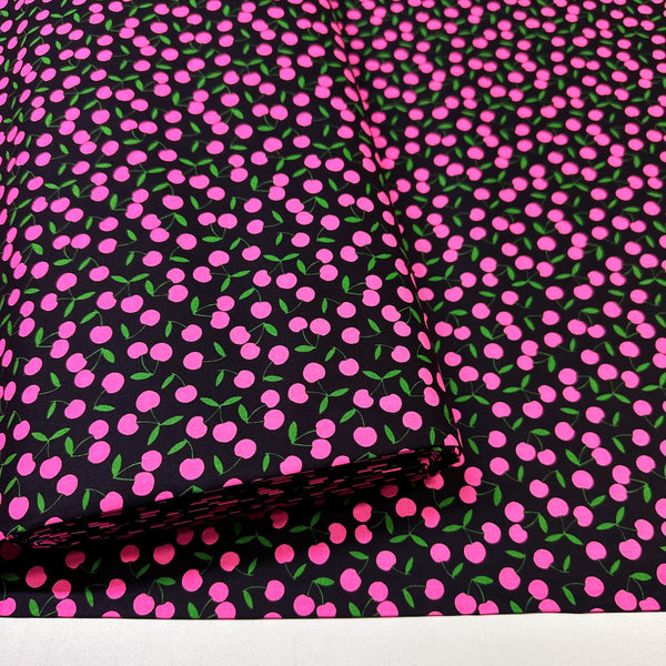 Bolt of Pop Cherry cotton fabric with neon pink and black cherries, Japanese import, quilt weight cotton for quilting, apparel, and crafts