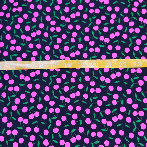 Scale of Pop Cherry cotton fabric with neon pink and black cherries, Japanese import, quilt weight cotton for quilting, apparel, and crafts