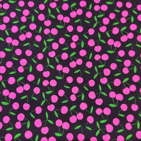 Pop Cherry cotton fabric with neon pink and black cherries, Japanese import, quilt weight cotton for quilting, apparel, and crafts
