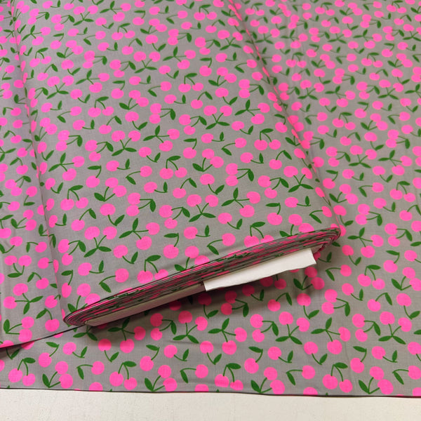 Bolt of Pop Cherry cotton fabric with neon pink and gray cherries, Japanese Import, quilt weight cotton for sewing and quilting