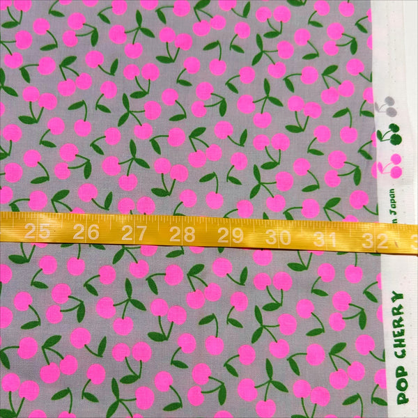 Scale of Pop Cherry cotton fabric with neon pink and gray cherries, Japanese Import, quilt weight cotton for sewing and quilting