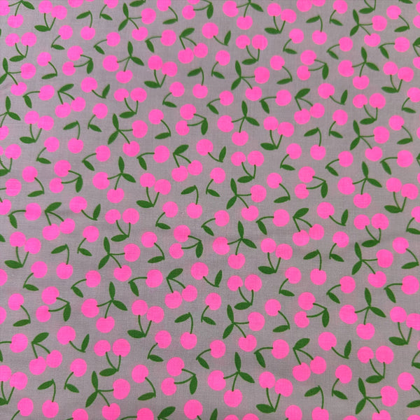 Pop Cherry cotton fabric with neon pink and gray cherries, Japanese Import, quilt weight cotton for sewing and quilting