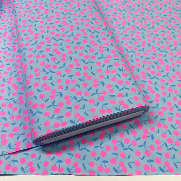Bolt of Pop Cherry cotton fabric with neon pink and light blue cherries, Japanese Import, quilt weight cotton for sewing and quilting