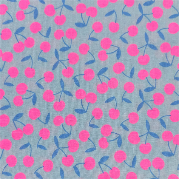 Pop Cherry cotton fabric with neon pink and light blue cherries, Japanese Import, quilt weight cotton for sewing and quilting