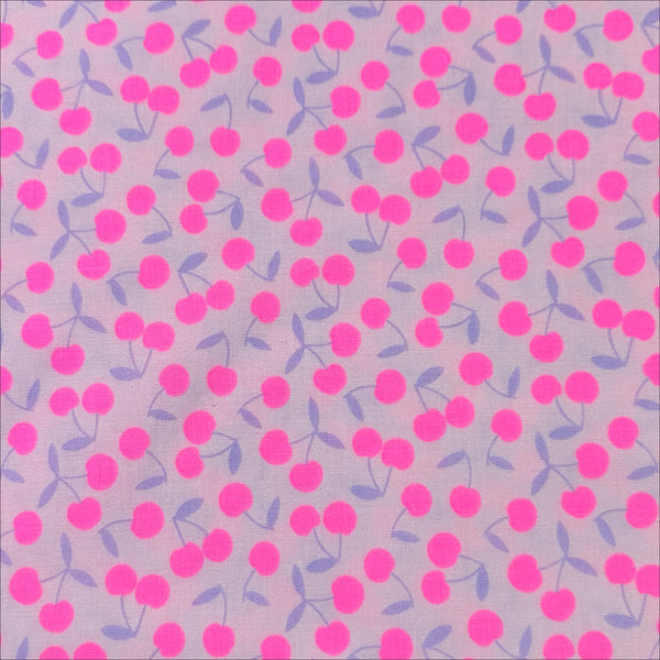 Pop Cherry cotton fabric with neon pink and purple cherries, Japanese Import, quilt weight cotton for sewing and quilting