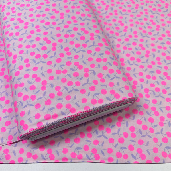 Bolt of Pop Cherry cotton fabric with neon pink and purple cherries, Japanese Import, quilt weight cotton for sewing and quilting