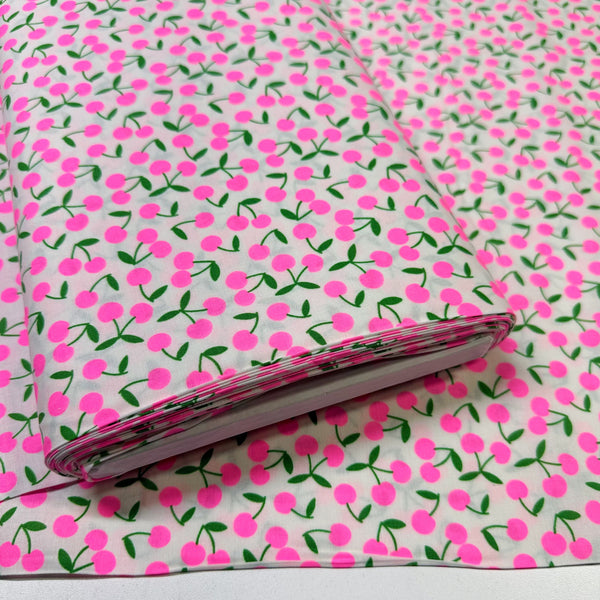 Bolt of Pop Cherry cotton fabric with neon pink and white cherries, Japanese Import, quilt weight cotton for sewing and quilting