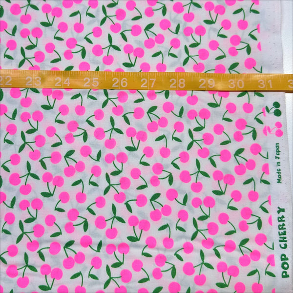 Scale of Pop Cherry cotton fabric with neon pink and white cherries, Japanese Import, quilt weight cotton for sewing and quilting