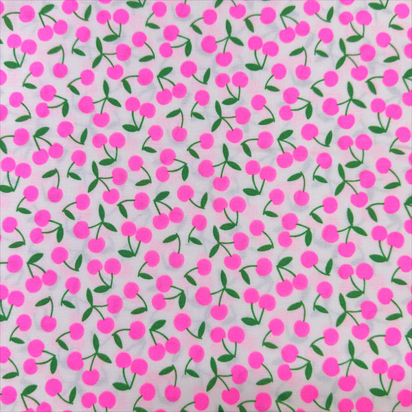 Pop Cherry cotton fabric with neon pink and white cherries, Japanese Import, quilt weight cotton for sewing and quilting