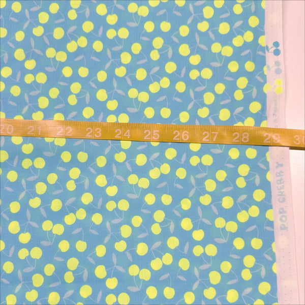 Scale of Pop Cherry cotton fabric with neon yellow and light blue cherries, Japanese Import, quilt weight cotton for sewing and quilting
