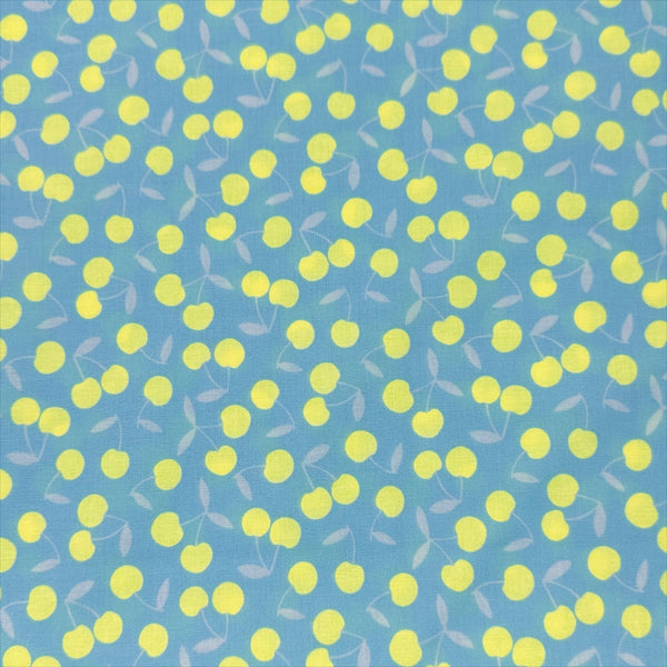 Pop Cherry cotton fabric with neon yellow and light blue cherries, Japanese Import, quilt weight cotton for sewing and quilting