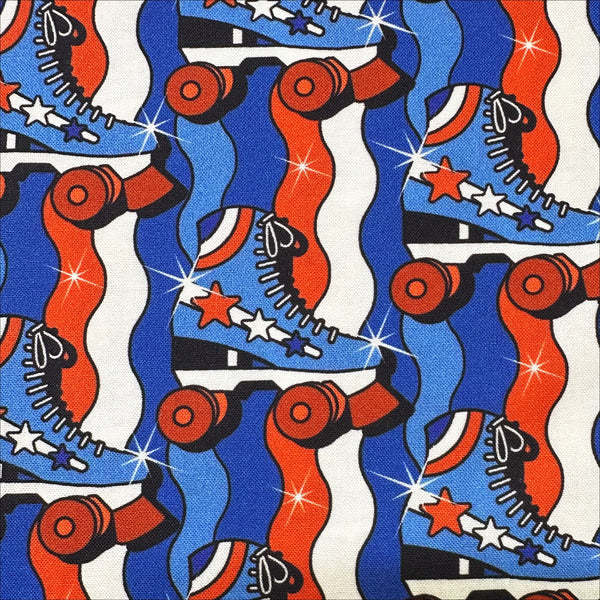 Close up of Pop Stars Disco Stars Cotton Fabric by Cloud 9 Fabrics, red white and blue retro rollerskate print.