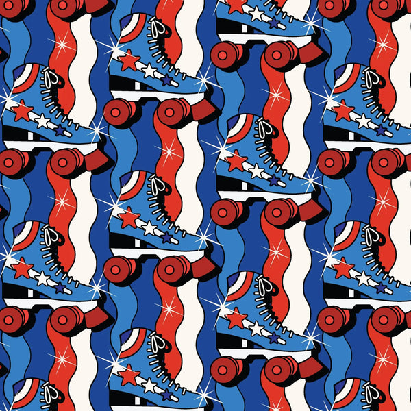 Pop Stars Disco Stars Cotton Fabric by Cloud 9 Fabrics, red white and blue retro rollerskate print.