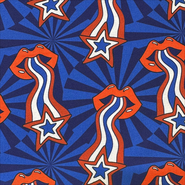 Close up of Pop Stars Trippy Stars Cotton Fabric by Cloud 9 Fabrics, retro red white and blue star print.