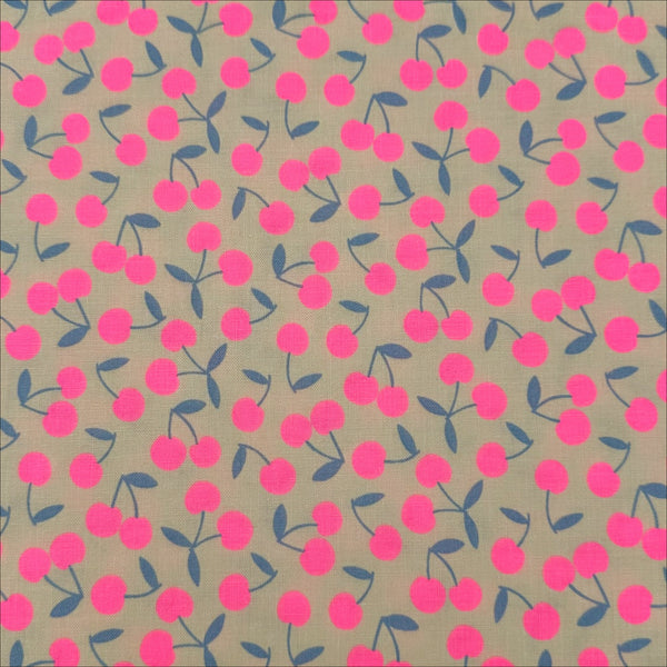 Pop Cherry Cotton Fabric in Cream and Neon Pink featuring a bold cherry print, imported from Japan.