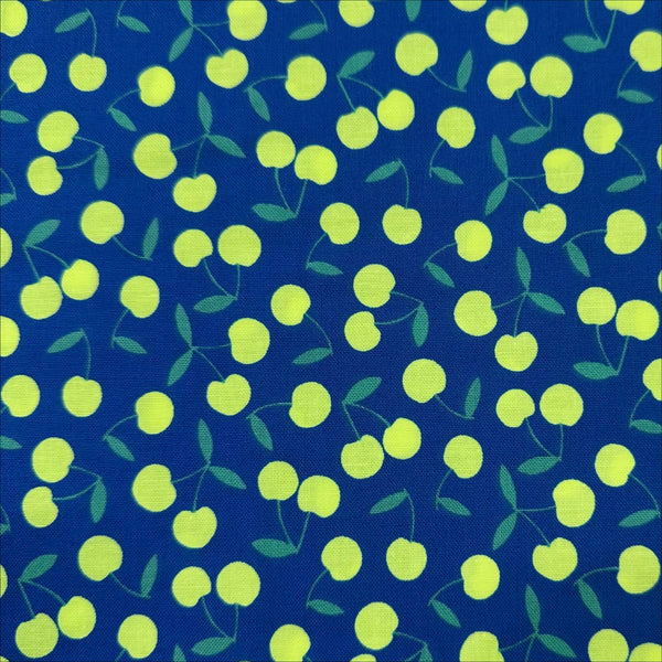 Pop Cherry Cotton Fabric in Navy and Neon Yellow featuring a bold cherry print, imported from Japan.