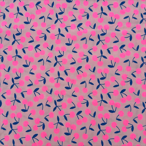 Pop Cherry Cotton Fabric in Neon Pink and Navy featuring a bold cherry print, imported from Japan.